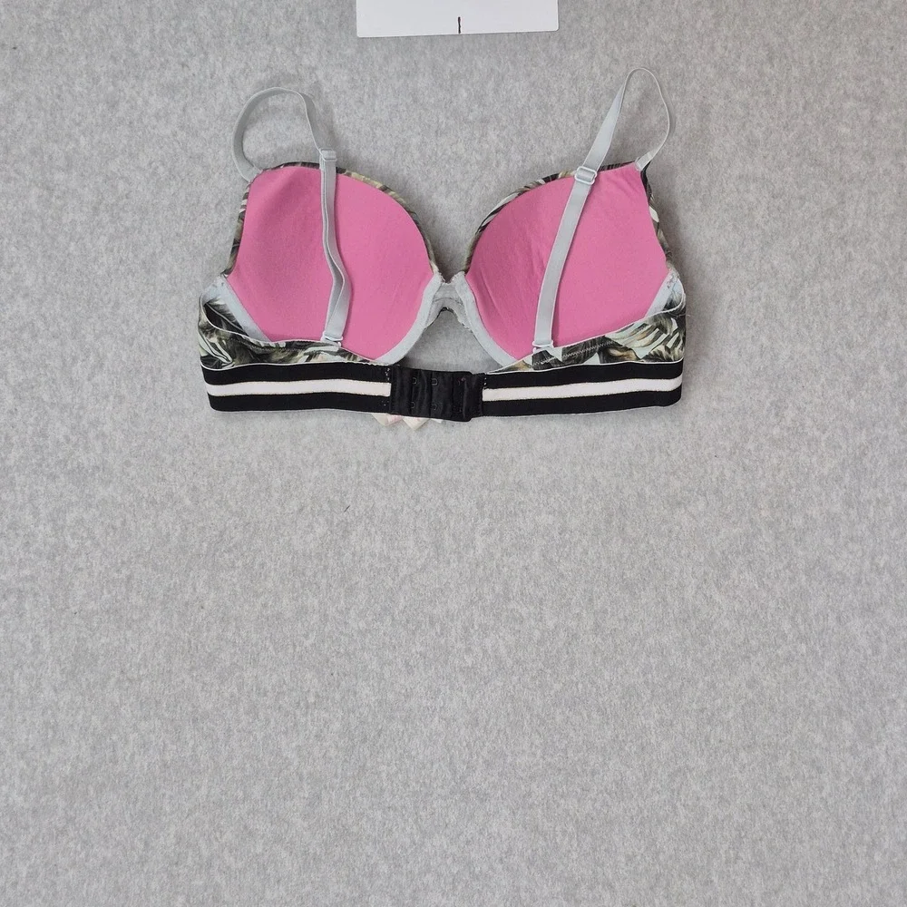 PINK Victoria's Secret Women Bra 34D Green Leaf Floral Push Up Underwire READ
